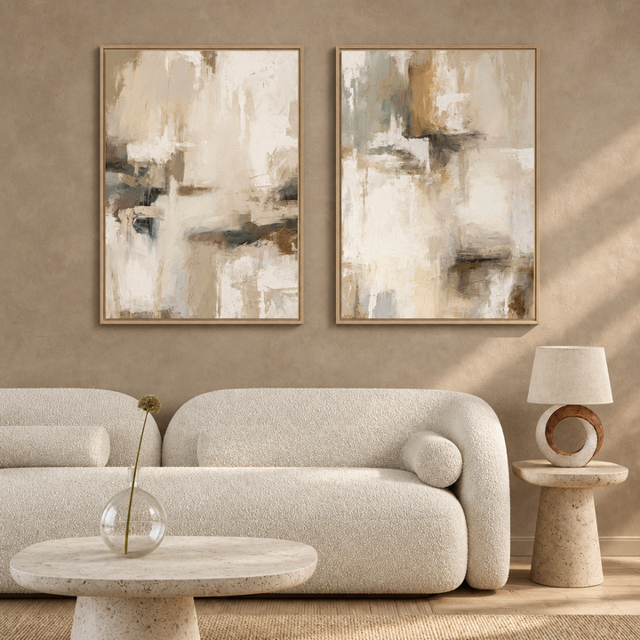Santorini set of two framed canvases in natural oak frames above a cream boucle sofa