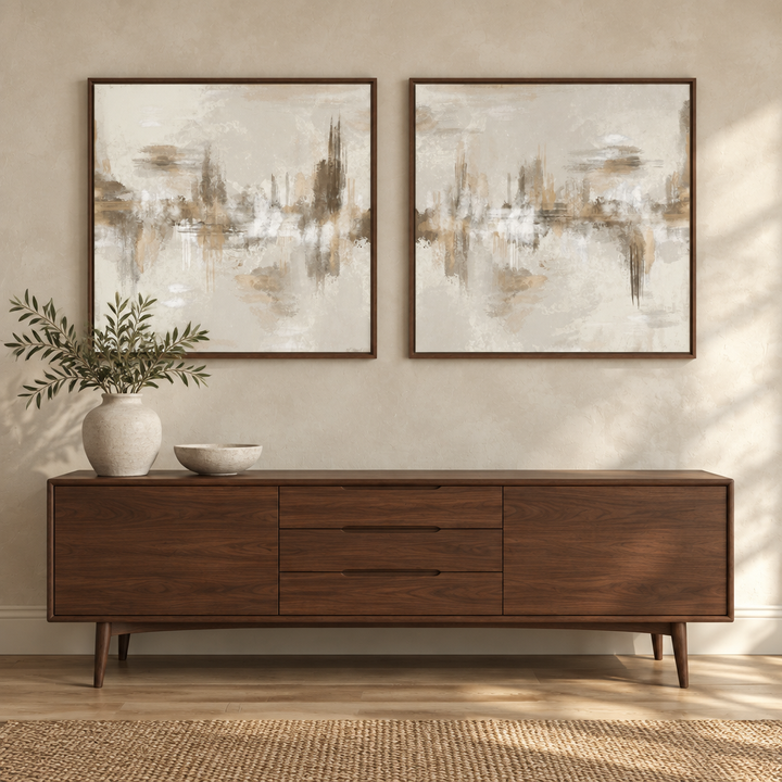 Neutral Depths set of two abstract framed canvases in brown wooden frames above a walnut credenza