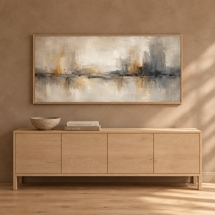 Verona Gold warm grey and gold panoramic framed canvas in a natural oak frame above a pale oak sideboard