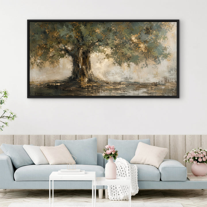 Gilded Canopy large green and gold framed wall art above a pale blue sofa