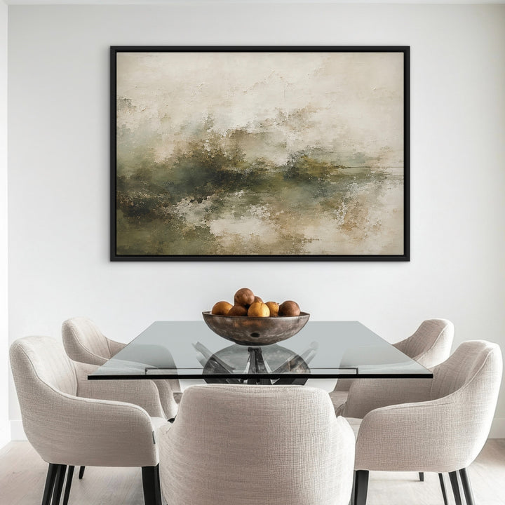 Moss Veil sage and cream landscape framed canvas in a dining room