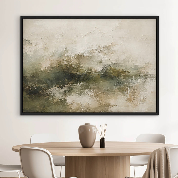 Moss Veil sage and cream landscape framed canvas above a dining table