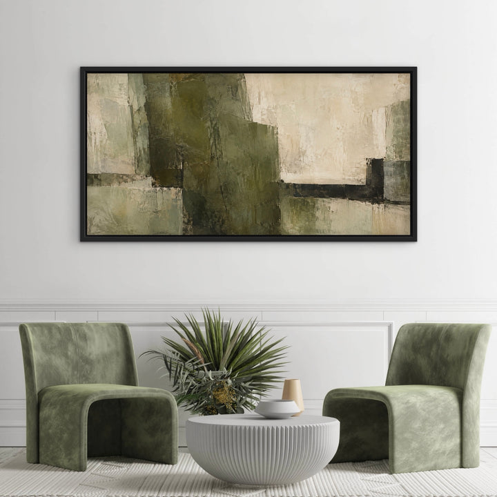 Olive Monolith green abstract panoramic framed canvas styled room view