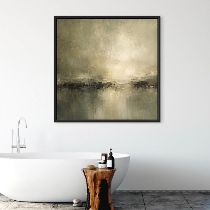 Stillwater Dark olive framed canvas styled in a contemporary bathroom