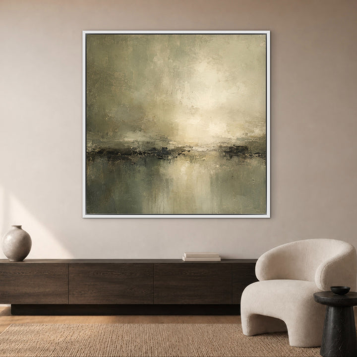 Stillwater Dark square canvas shown in a white wooden frame
