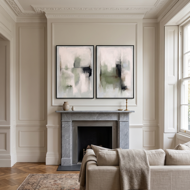 Tuscany Green set of 2 framed canvas in black frames above a marble fireplace in a Victorian panelled living room - sage abstract wall art pair