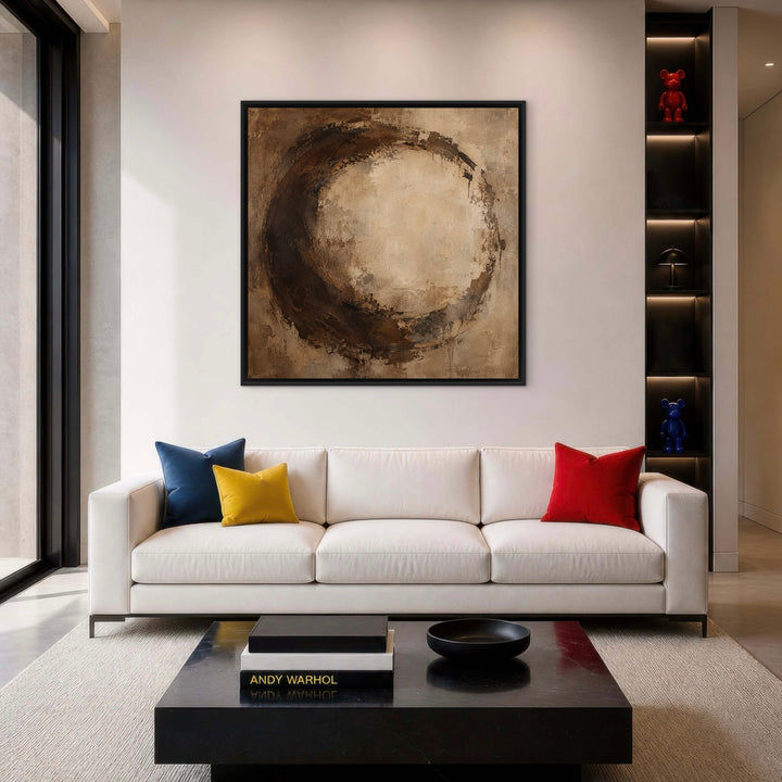 Umber Halo brown abstract square framed canvas styled room view