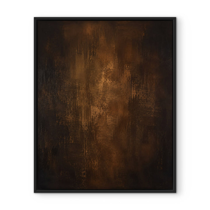 Umber Monolith dark brown abstract framed canvas, black frame, front view