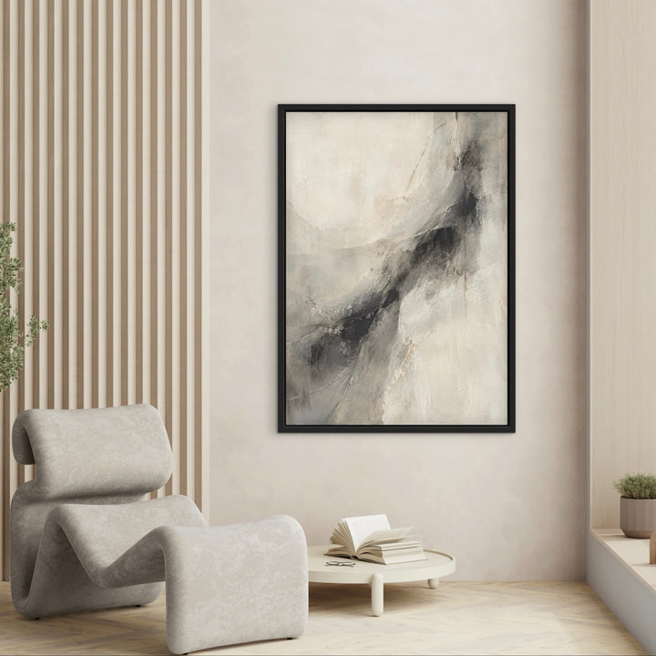 Veiled Carbon grey abstract portrait framed canvas styled room view