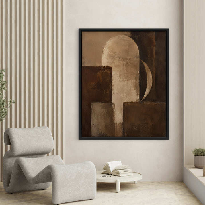 Walnut Geometry mid-century brown framed canvas by slatted wall, black frame