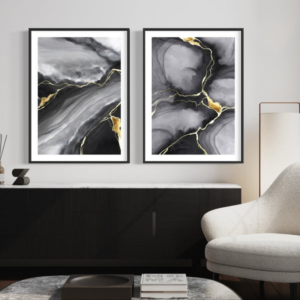 Abstract Art set of 2 Framed Prints - Black, Gold and Grey Astrazióne - HD London