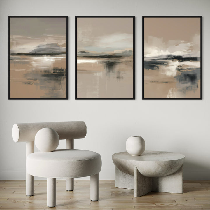 Set of 3 Framed Canvas Neutral Abstract Wall Art Prints in Sculptural Minimalist Space with Modern Accent Chair and Stone-Inspired Coffee Table