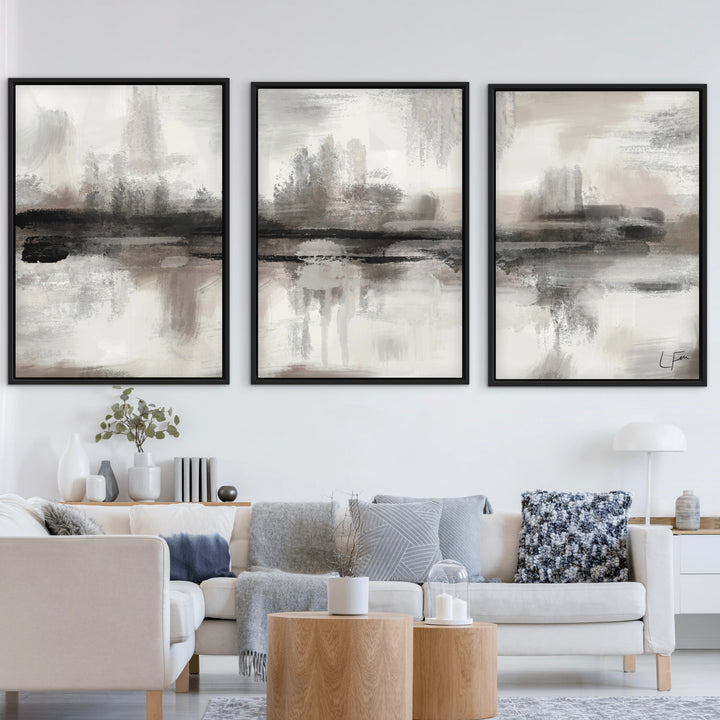 Abstract Canvas Set of 3 - Stone Horizon styled as a gallery set in a modern living room
