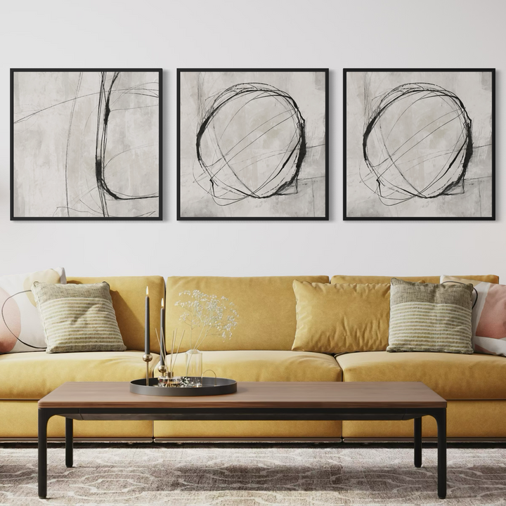 Grey Atelier framed canvas triptych displayed in a modern minimalist room