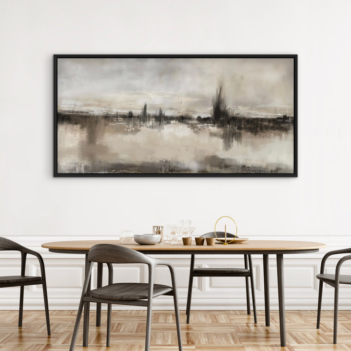 Framed Canvas - Nude Shores styled in a contemporary bedroom with warm neutral decor