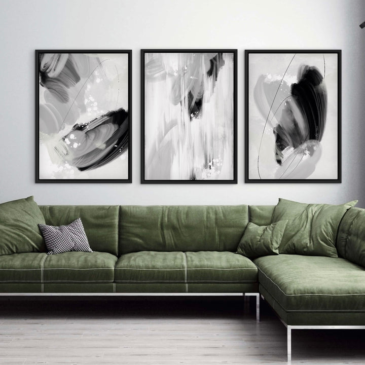 Set of 3 Framed Canvas - Monaco displayed as a trio in a contemporary living room