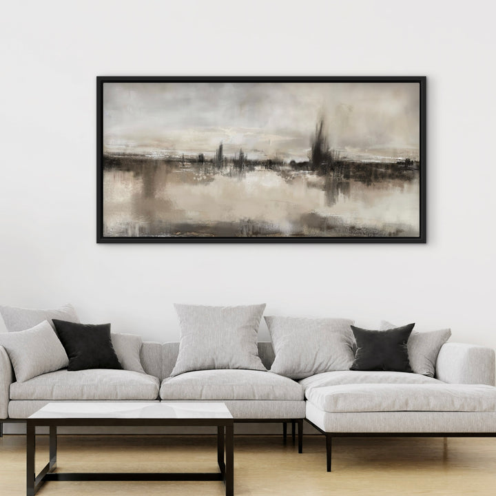 Framed Canvas - Nude Shores displayed in a bright modern living room with coastal styling
