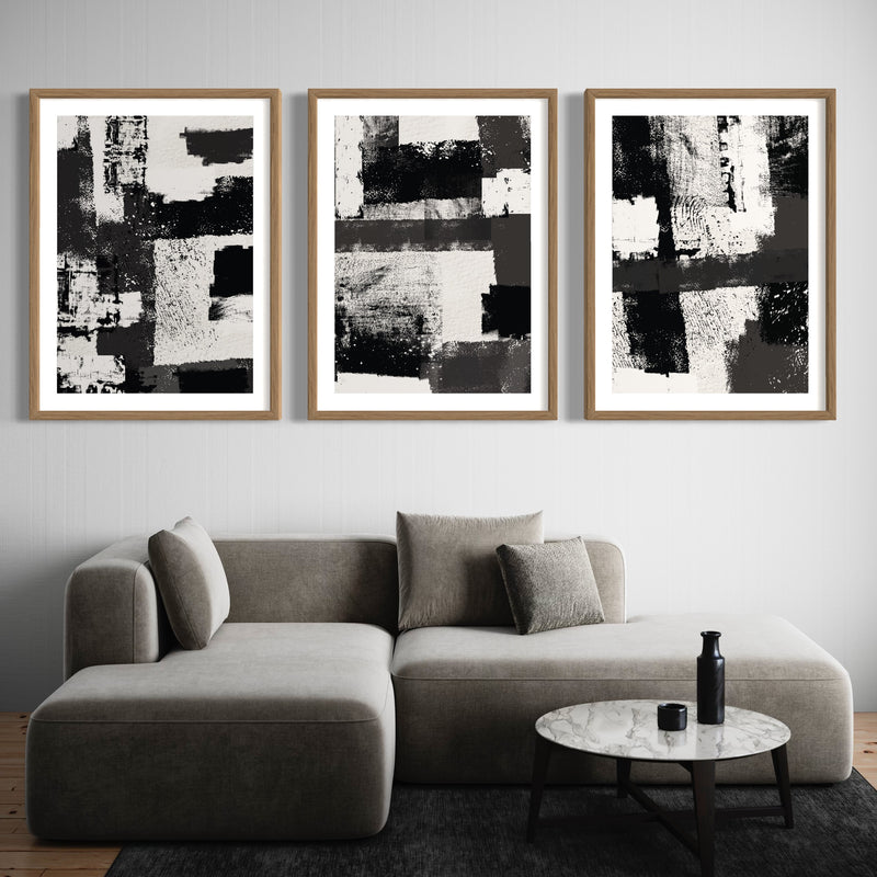 Abstract Art set of 3 prints - Black / White