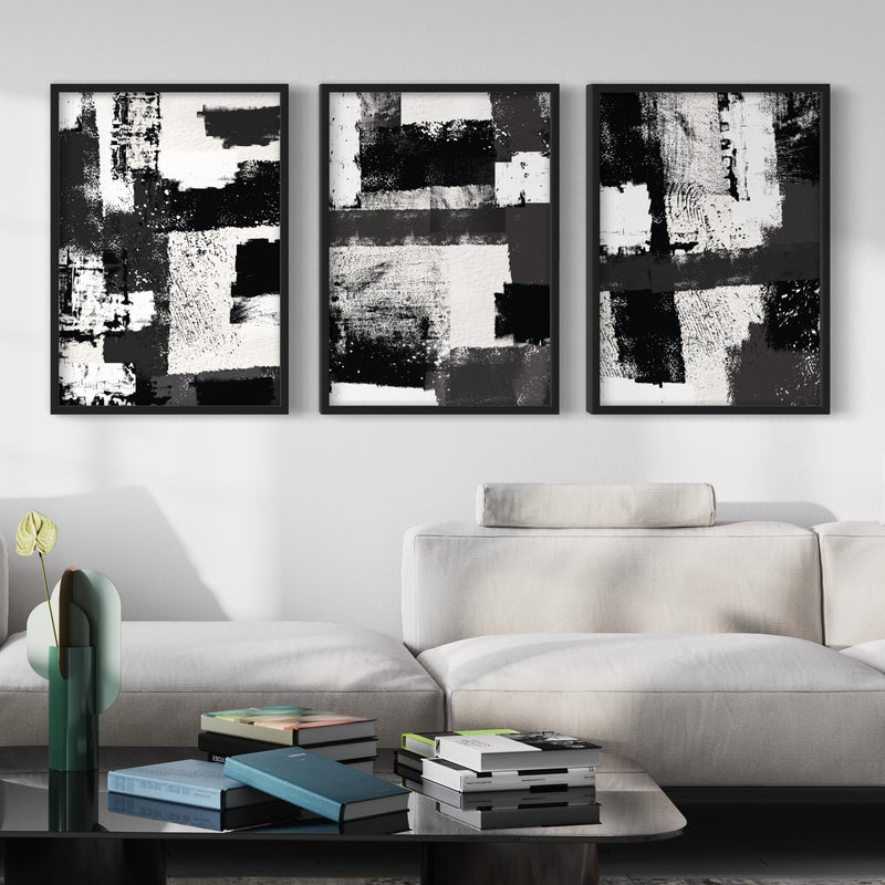 Abstract Art set of 3 prints - Black / White