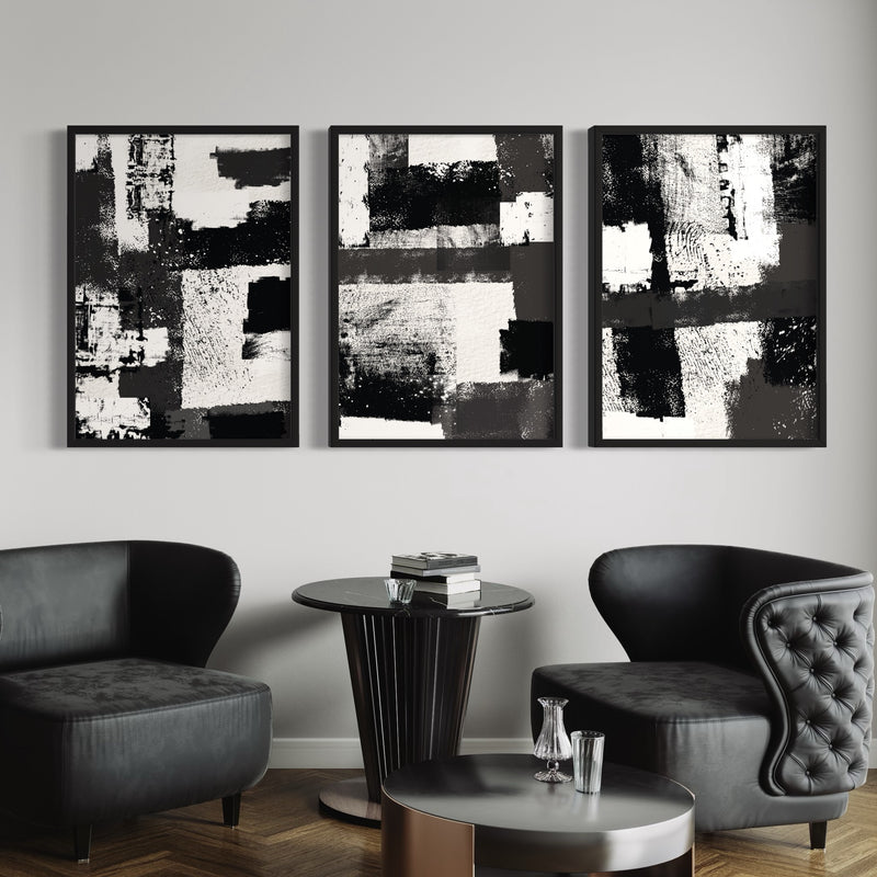 Abstract Art set of 3 prints - Black / White