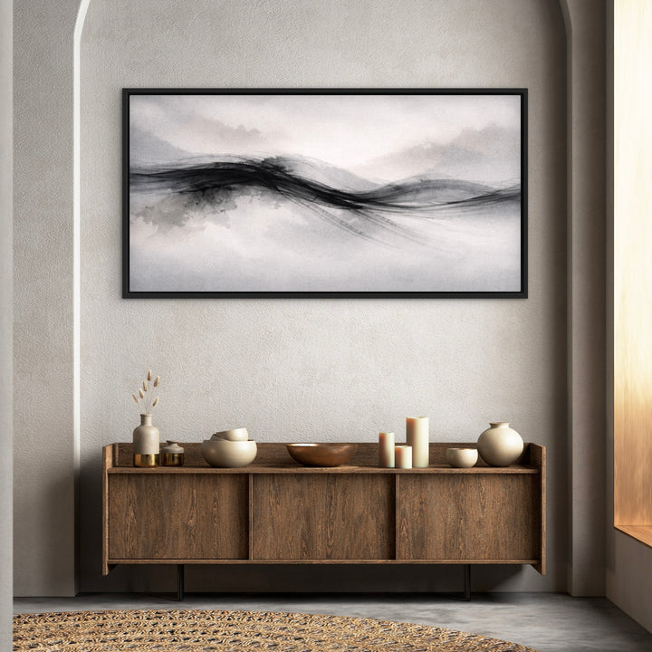 Framed Canvas - Nude Drift styled in a contemporary bedroom with neutral tones