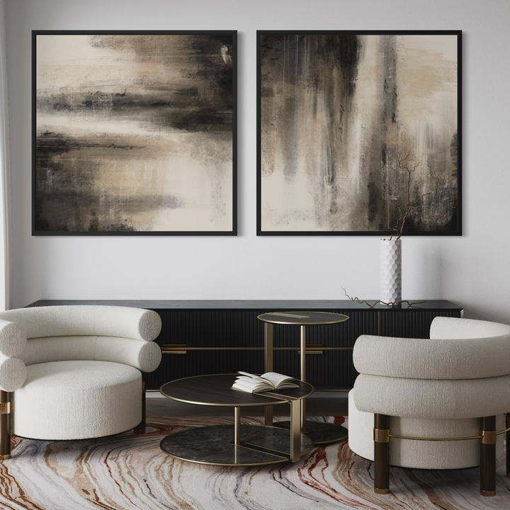 Obscura framed canvas set of 2 displayed in a modern dining room