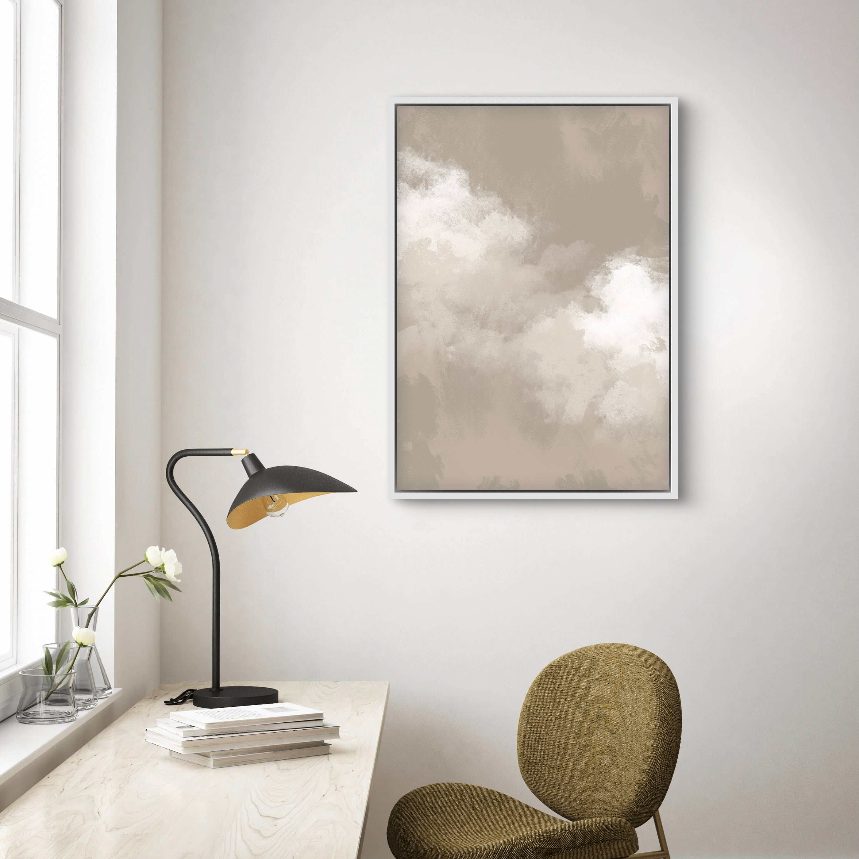 Abstract Art Framed Canvas Styled With A Light Wood Desk, Black Task Lamp, And Olive Upholstered Chair. Perfect For A Minimalist Home Office Or Study.
