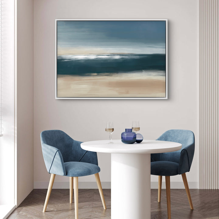 Modern Abstract Framed Canvas Art Styled with White Fluted Pedestal Round Table, Blue Upholstered Dining Chairs with Decorative Accent and Herringbone Wood Floor. Perfect for Contemporary Breakfast Nook or Small Dining Room.