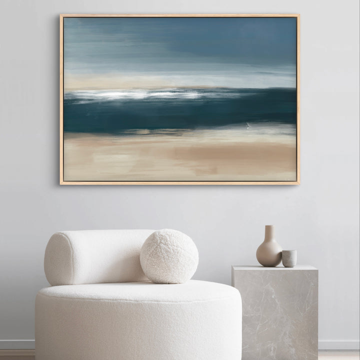 Modern Abstract Framed Canvas Art Styled with Cream Bouclé Lounge Chair with Round Pillow, Gray Marble Cube Side Table, and Decorative Accent. Perfect for Contemporary Reading Nook.