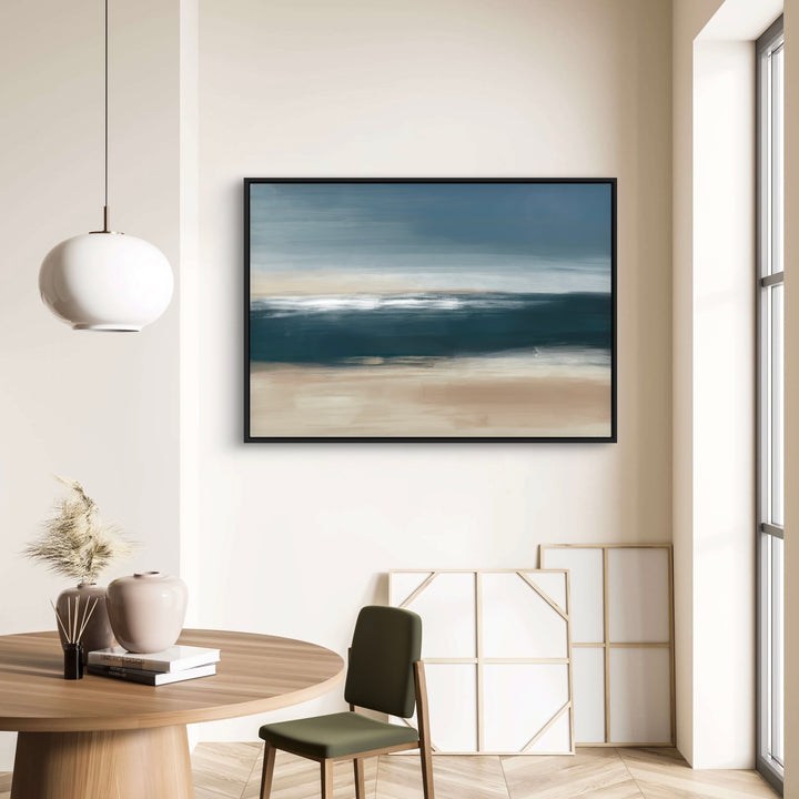 Modern Abstract Framed Canvas Art Styled with Round Wood Pedestal Table, Olive Green Chair, Globe Pendant Light, and Decorative Accent. Perfect for Contemporary Dining Nook or Studio.