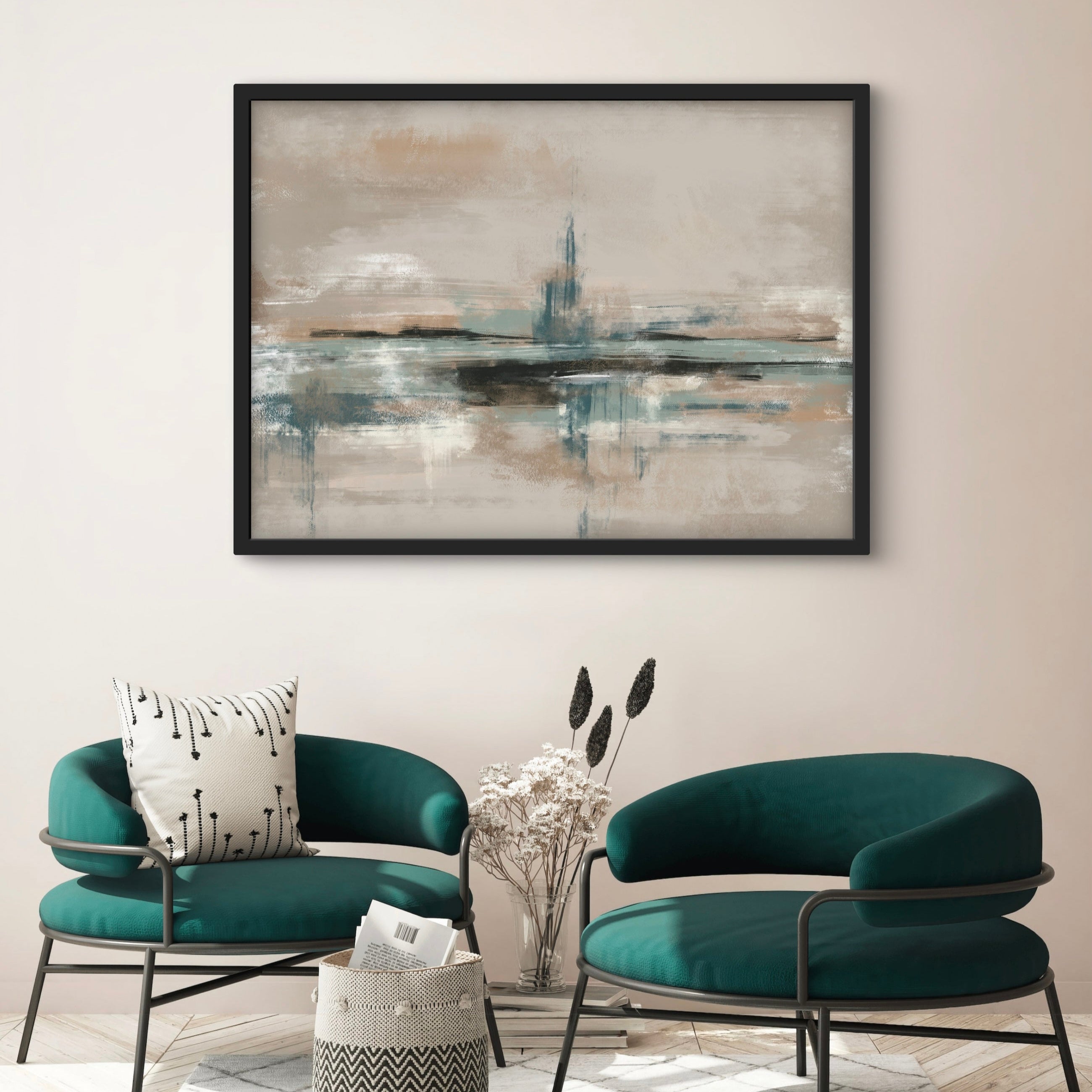 Abstract Framed Canvas Art Styled With A Black Frame, Teal Lounge Chairs, White Patterned Pillow, Woven Basket, And Dried Flowers. Perfect For A Living Room