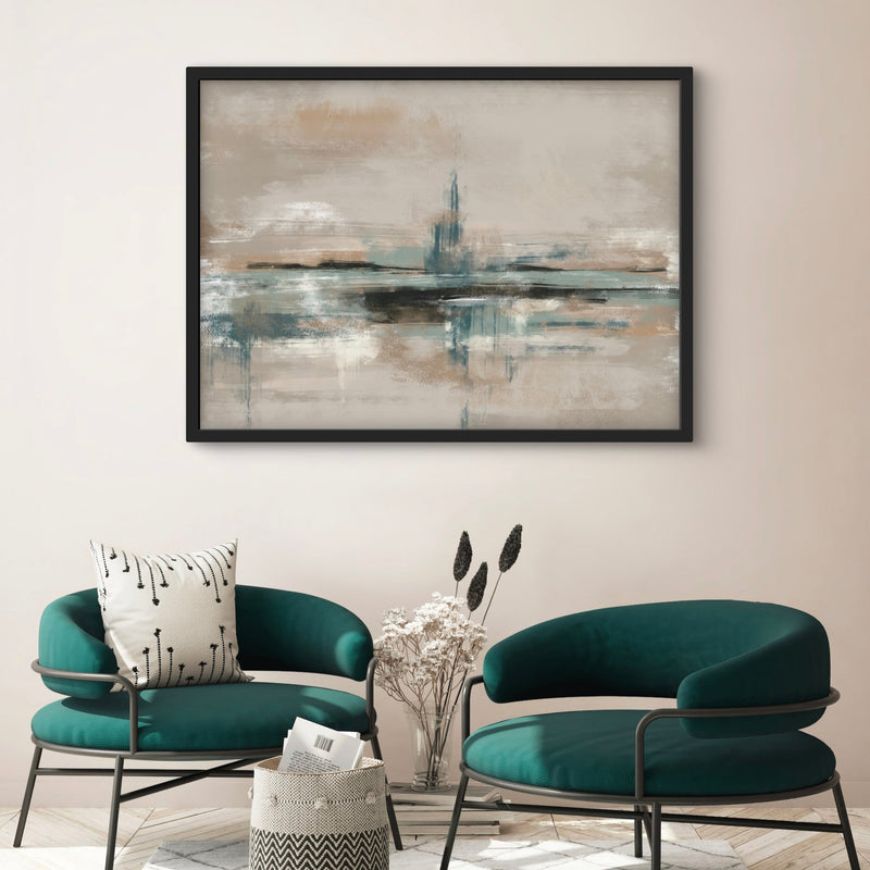 Abstract Framed Canvas Art Styled With A Black Frame, Teal Lounge Chairs, White Patterned Pillow, Woven Basket, And Dried Flowers. Perfect For A Living Room
