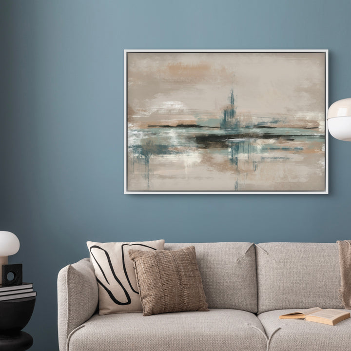 Abstract Framed Canvas Art Styled With A Light Gray Sofa, Blue Wall, Neutral Throw Pillows, Small Table Lamp, And An Open Book. Perfect For A Living Room