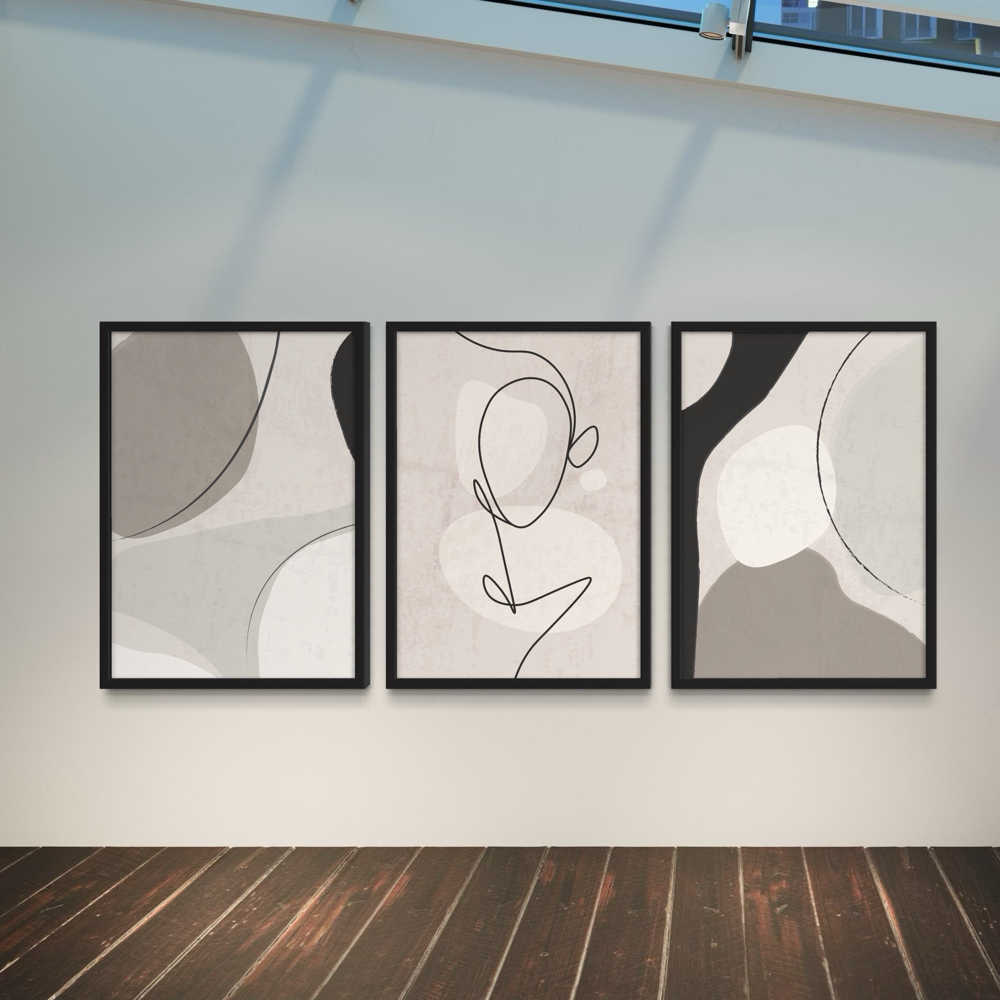 Modern Abstract Art Styled With A Skylight, Track Lighting, And Dark Wood Floors. Perfect For A Minimalist Gallery Wall Or Hallway.