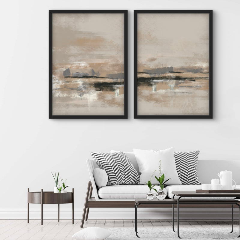 Modern Abstract Art Print Style Styled With A White Sofa, Black-And-White Chevron Pillows, Sleek Nesting Coffee Tables, And Minimal Greenery. Perfect For A Minimalist Living Room.