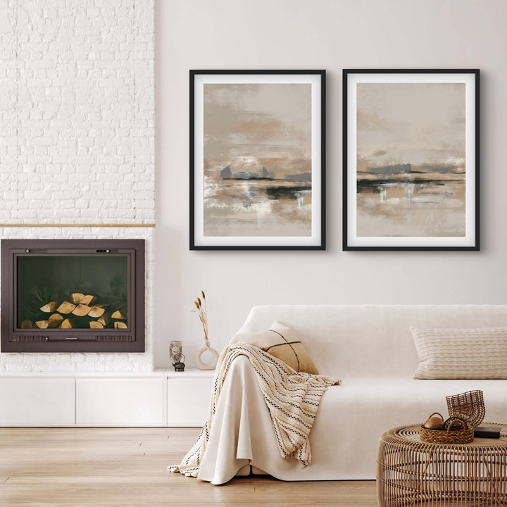 Modern Abstract Art Print Styled With A Textured White Brick Fireplace, Cream Sofa, Woven Rattan Coffee Table, And Neutral Accents. Perfect For A Minimalist Living Room.