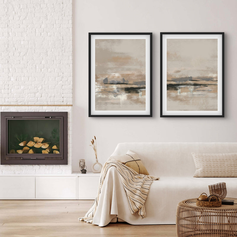 Modern Abstract Art Print Styled With A Textured White Brick Fireplace, Cream Sofa, Woven Rattan Coffee Table, And Neutral Accents. Perfect For A Minimalist Living Room.