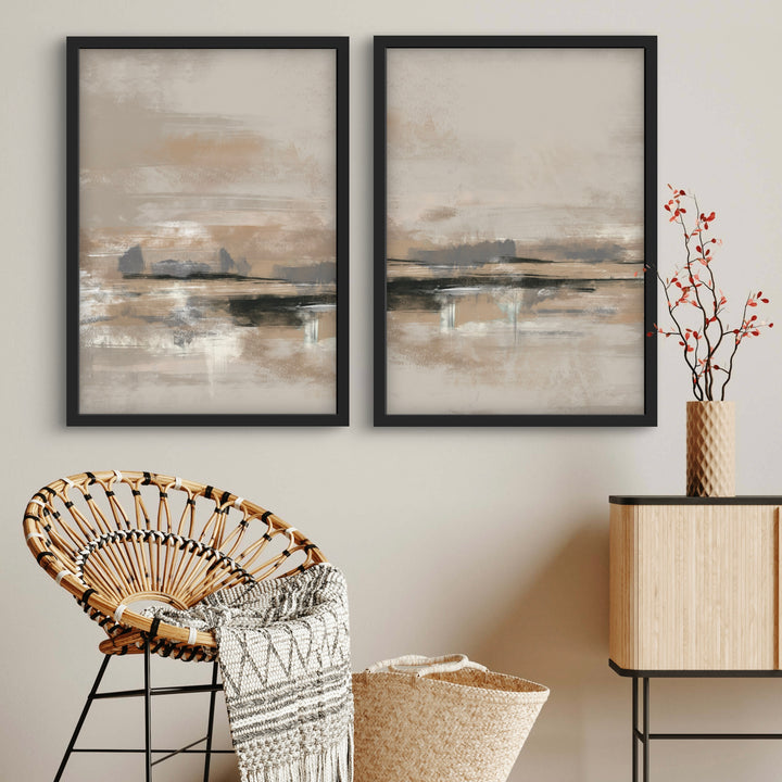 Modern Abstract Art Print Styled With A Rattan Accent Chair, Woven Basket, Light Wood Cabinet, And A Textured Vase With Red Stems. Perfect For A Minimalist Entryway Or Living Room.
