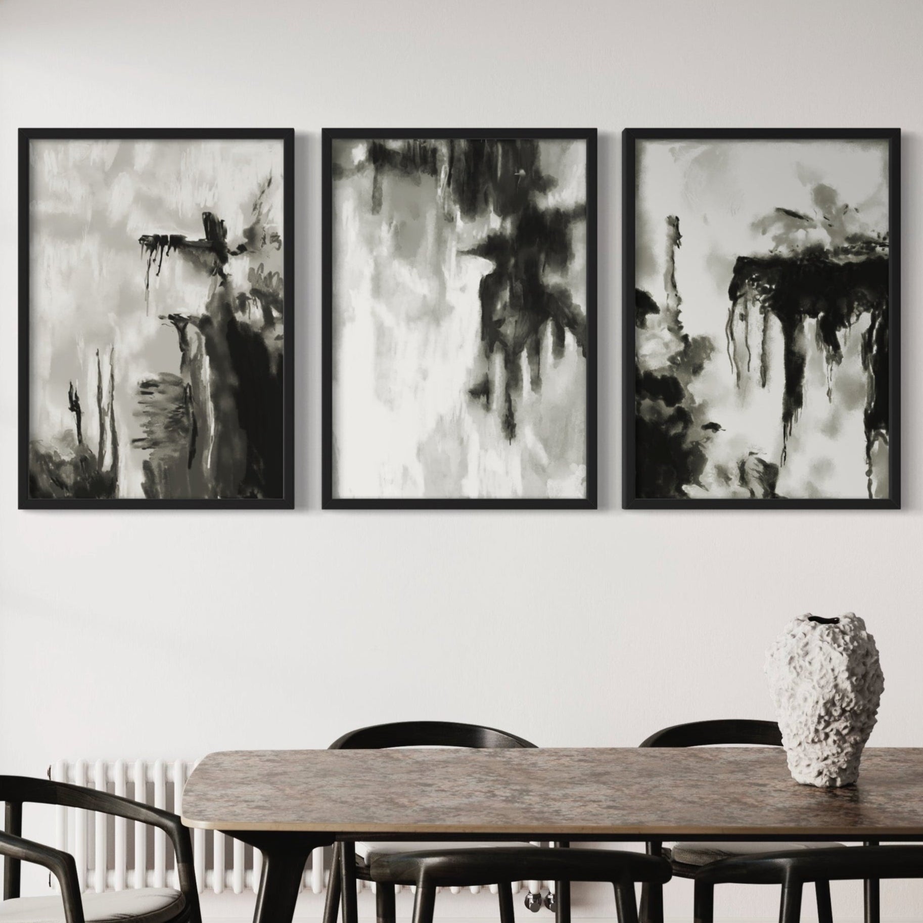 Abstract Art Styled With A Stone Dining Table With Sculptural Vase And Black Chairs — Perfect For Modern Minimalist Dining Room Decor.