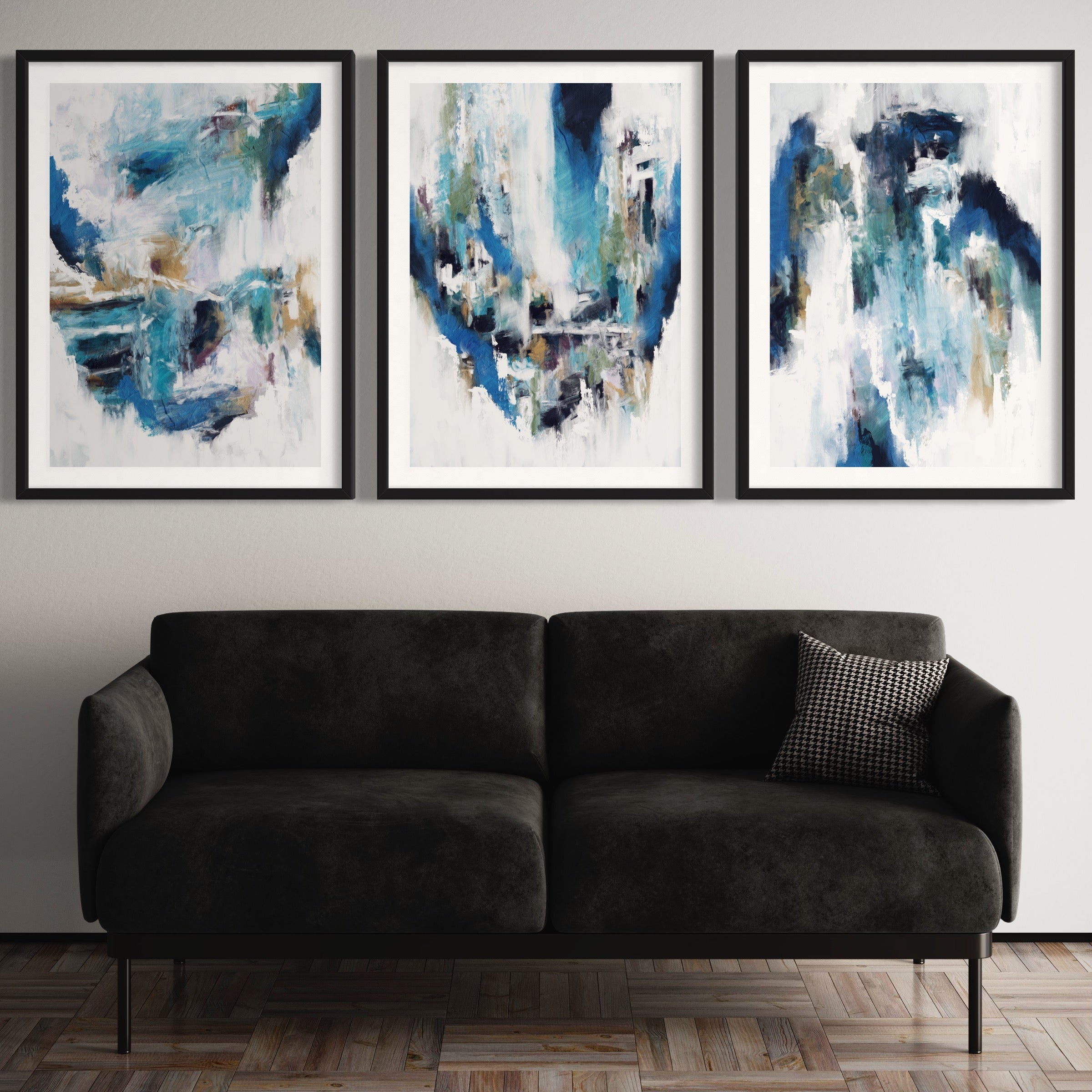 Modern Minimalist Abstract Art Styled With A Black Velvet Sofa, Houndstooth Accent Pillow, And Parquet Wood Floors. Perfect For A Minimalist Living Room.
