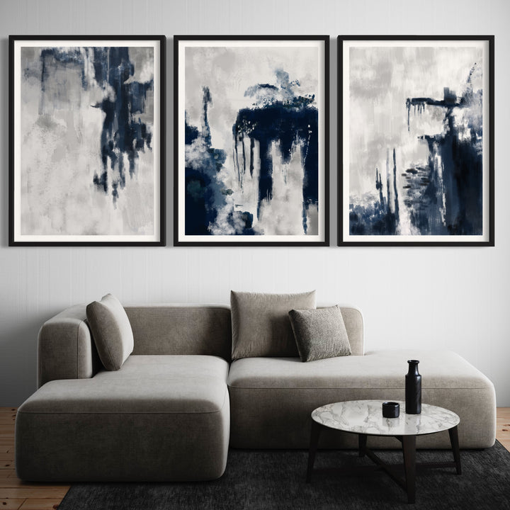 Modern Abstract Art Styled With A Low Grey Modular Sofa, Round Marble Coffee Table, And Minimal Black Accents. Perfect For A Minimalist Living Room.