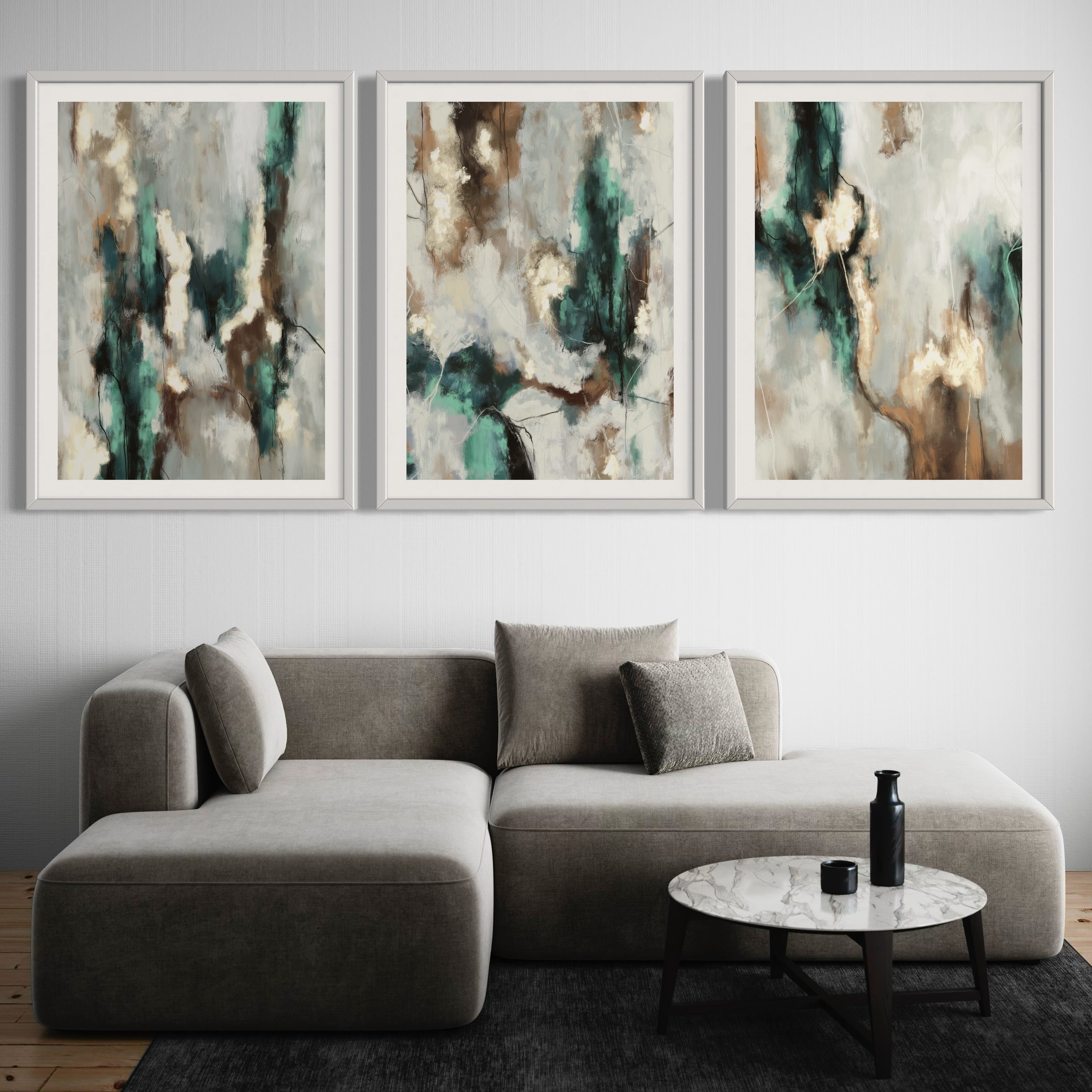 Abstract  Minimalist Art Style Styled With A Low Grey Modular Sofa, Round Marble Coffee Table, And Minimal Black Accents. Perfect For A Minimalist Living Room.