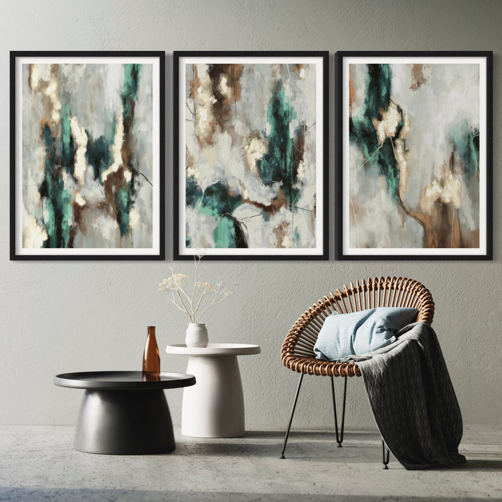 Abstract  Minimalist Art Style Styled With A Rattan Accent Chair, Black And White Pedestal Tables, Dried Stems, And A Soft Grey Wall. Perfect For A Minimalist Living Room Or Reading Nook.