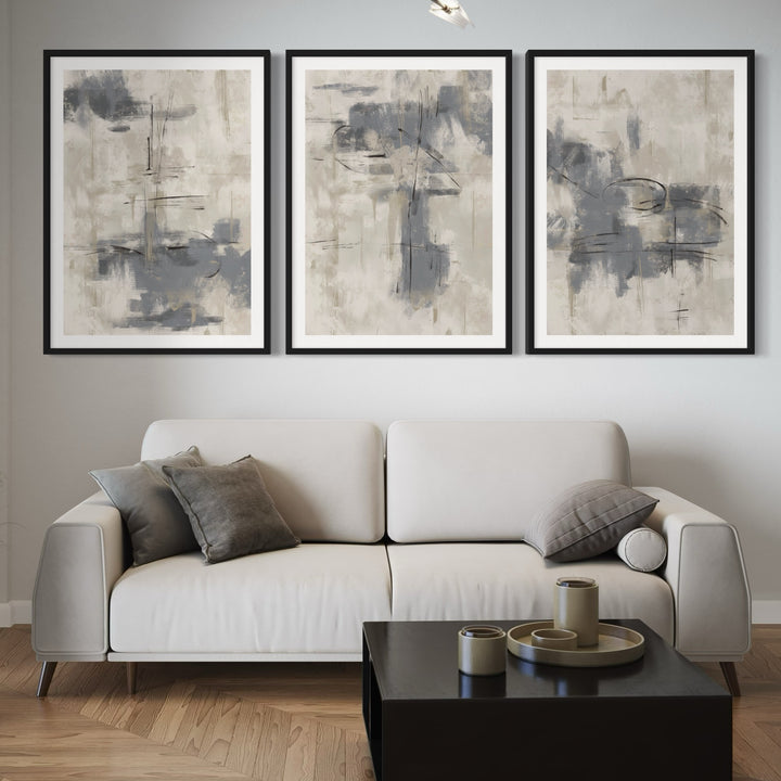 Modern Abstract Art in White and Grey - Grey Storm -  Living Room Wall Art