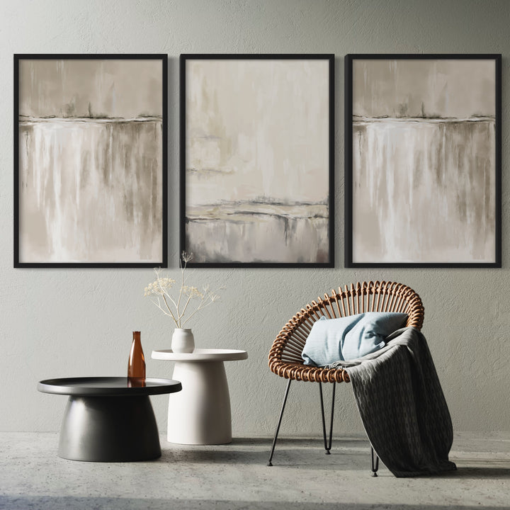 Abstract Minimalist Art Styled With A Rattan Accent Chair, Black And White Pedestal Tables, Dried Stems, And A Soft Grey Wall. Perfect For A Minimalist Living Room Or Reading Nook.