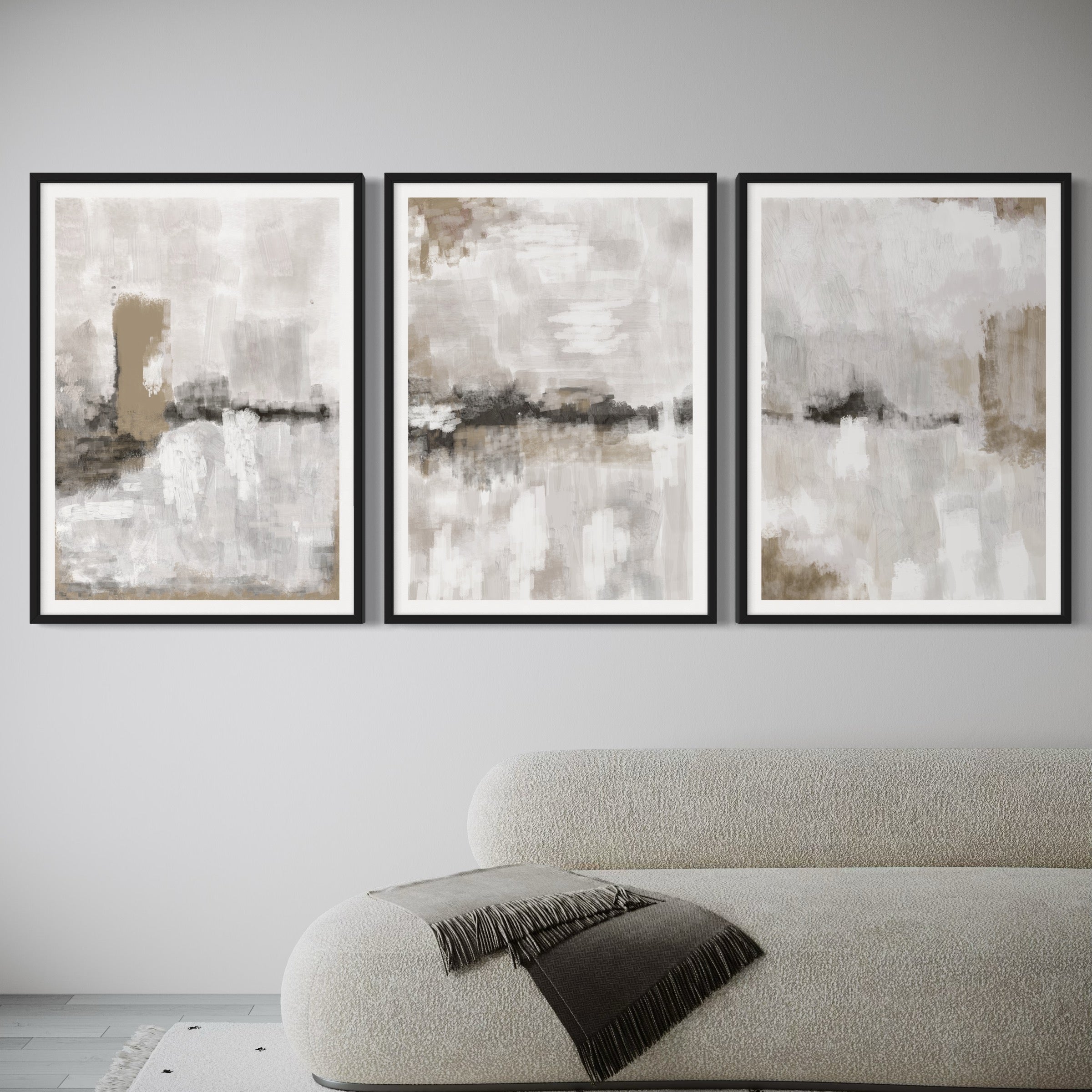 Modern Abstract Art Styled With A Curved Bouclé Chaise, White Frames, Soft Grey Wall, And A Minimal Speckled Rug. Perfect For A Minimalist Living Room.