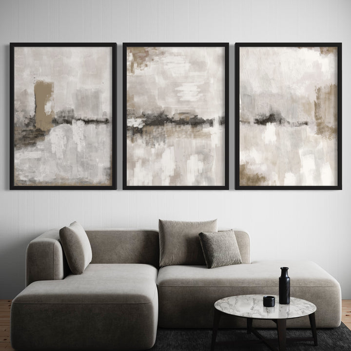 Modern Abstract Art Styled With A Low Grey Modular Sofa, Round Marble Coffee Table, And Minimal Black Accents. Perfect For A Minimalist Living Room.