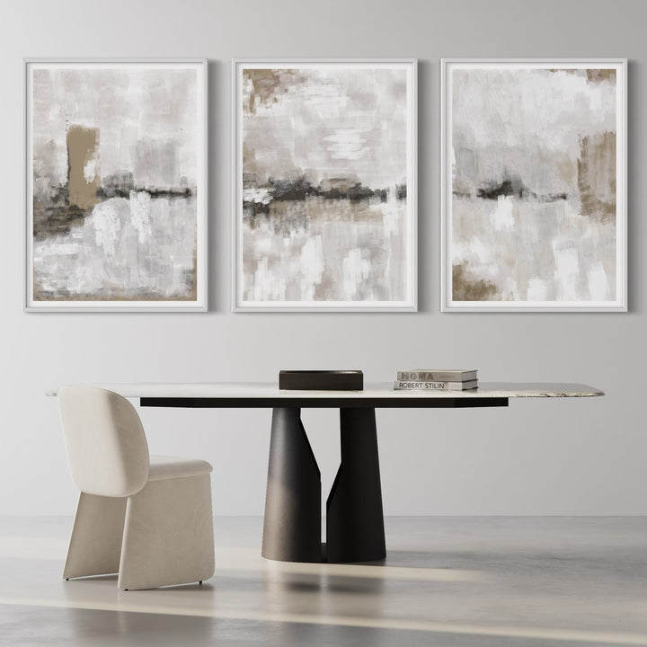 Modern Abstract Art Styled With A Sculptural Black-And-White Dining Table, Cream Upholstered Chair, And Minimal Books. Perfect For A Minimalist Dining Room Or Studio.
