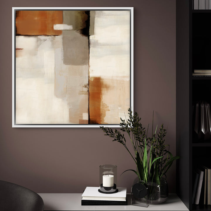 Modern Abstract Wall Art Styled With A Mocha Accent Wall, Slim Console, Glass Vase With Greenery, Candle, And Black Open Shelving. Perfect For A Minimalist Study Or Hallway.
