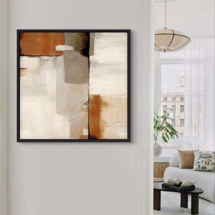 Modern Abstract Wall Art Styled With A Hallway Wall Niche, Paper Lantern Pendant, And A Peek Into A Neutral Lounge With Curved Sofa And Black Coffee Table. Perfect For A Minimalist Hallway Or Living Room.
